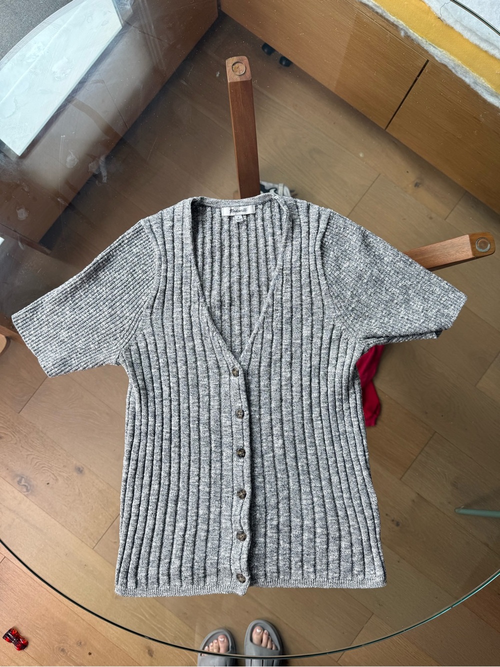 Button-Front Ribbed Short-Sleeve Sweater Cardigan - Gray